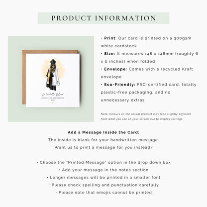 Personalised female doctor graduation card featuring a graduate in cap and gown with white medical coat and stethoscope, customised with name, university and graduation year, shown with personalisation options for hair, skin tone and accessories.