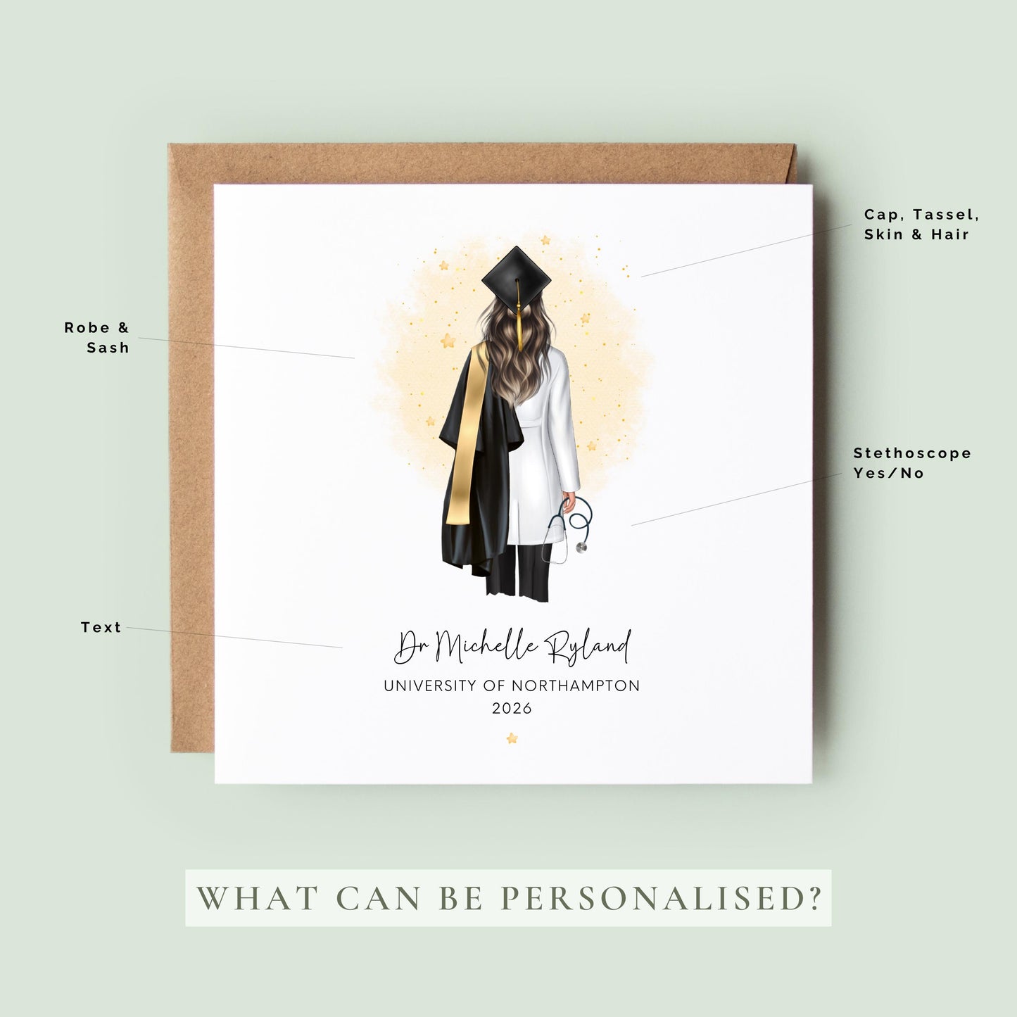 Personalised female doctor graduation card featuring a graduate in cap and gown with white medical coat and stethoscope, customised with name, university and graduation year, shown with personalisation options for hair, skin tone and accessories.