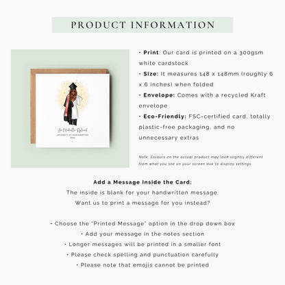 Personalised female doctor graduation card featuring a graduate in cap and gown with white medical coat and clipboard, customised with name, university and graduation year, shown with personalisation options for hair, sash and skin tone.