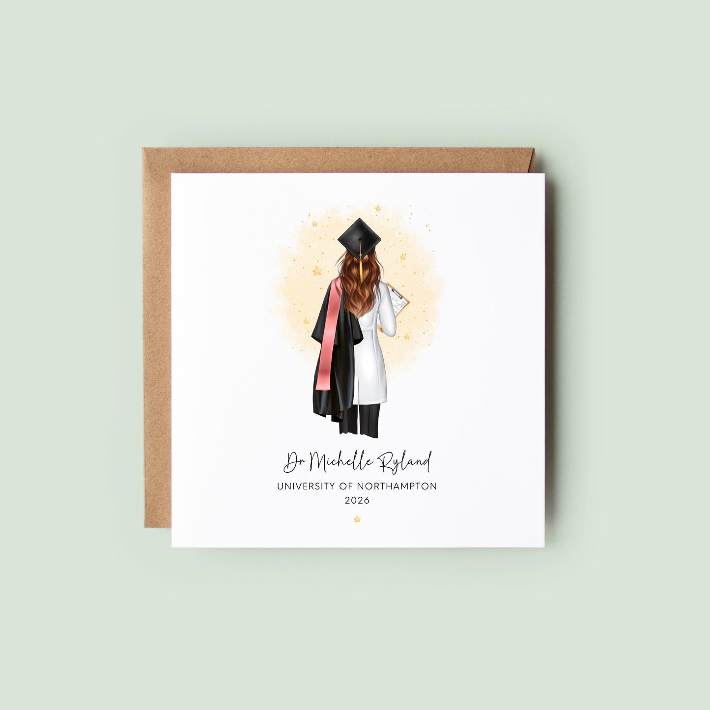 Personalised female doctor graduation card featuring a graduate in cap and gown with white medical coat and clipboard, customised with name, university and graduation year, shown with personalisation options for hair, sash and skin tone.