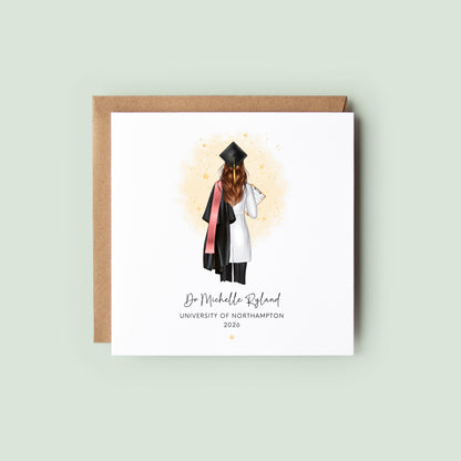 Personalised female doctor graduation card featuring a graduate in cap and gown with white medical coat and clipboard, customised with name, university and graduation year, shown with personalisation options for hair, sash and skin tone.