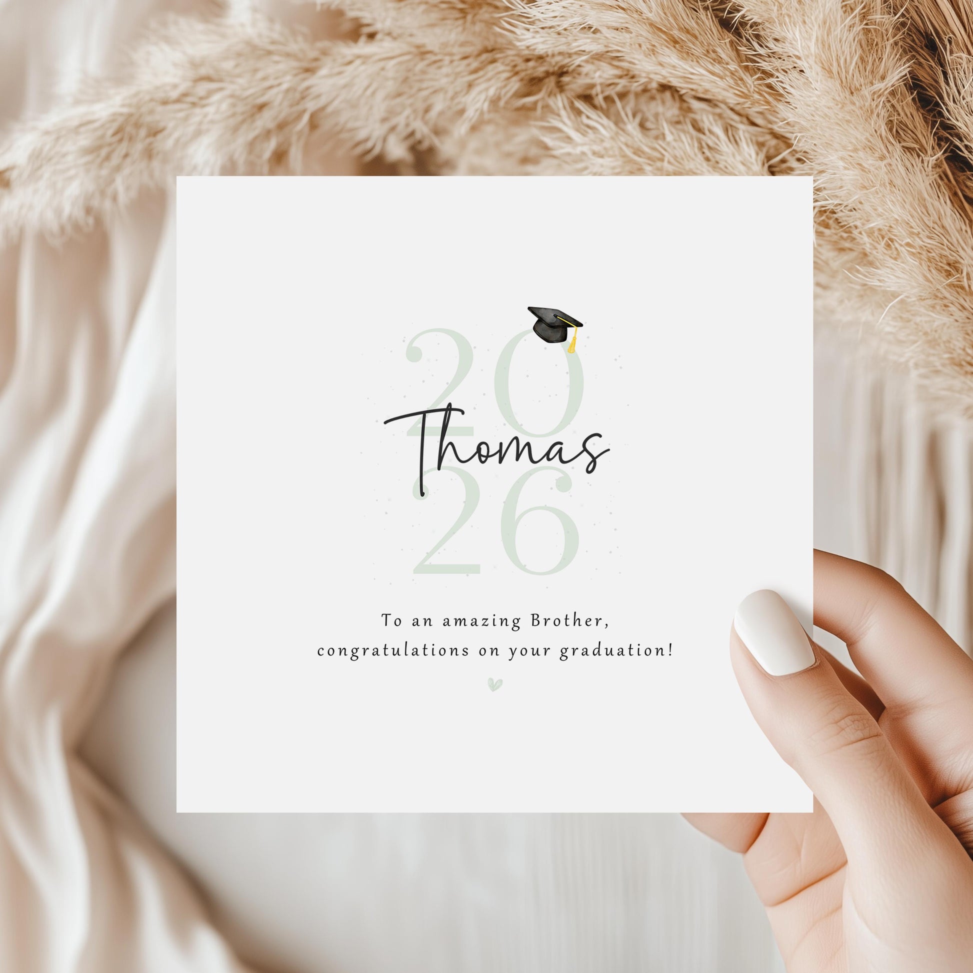 Personalised Brother Graduation Card featuring graduate name, Class of 2026 design, graduation cap illustration and congratulatory message on a modern keepsake card.