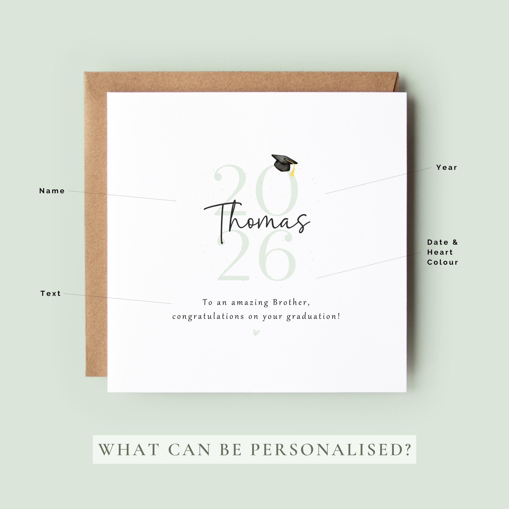 Personalised Brother Graduation Card featuring graduate name, Class of 2026 design, graduation cap illustration and congratulatory message on a modern keepsake card.
