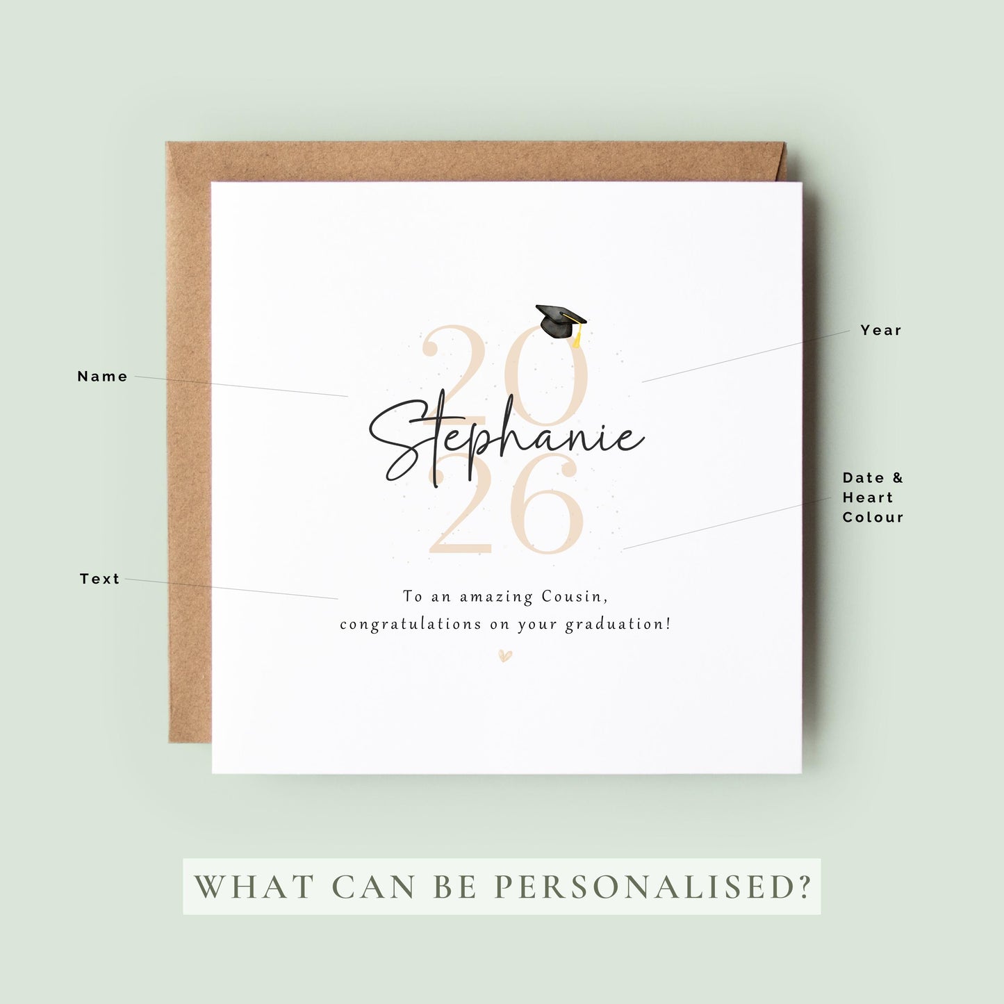 Personalised cousin graduation card featuring custom name, graduation year and congratulatory message with graduation cap design and recycled Kraft envelope.