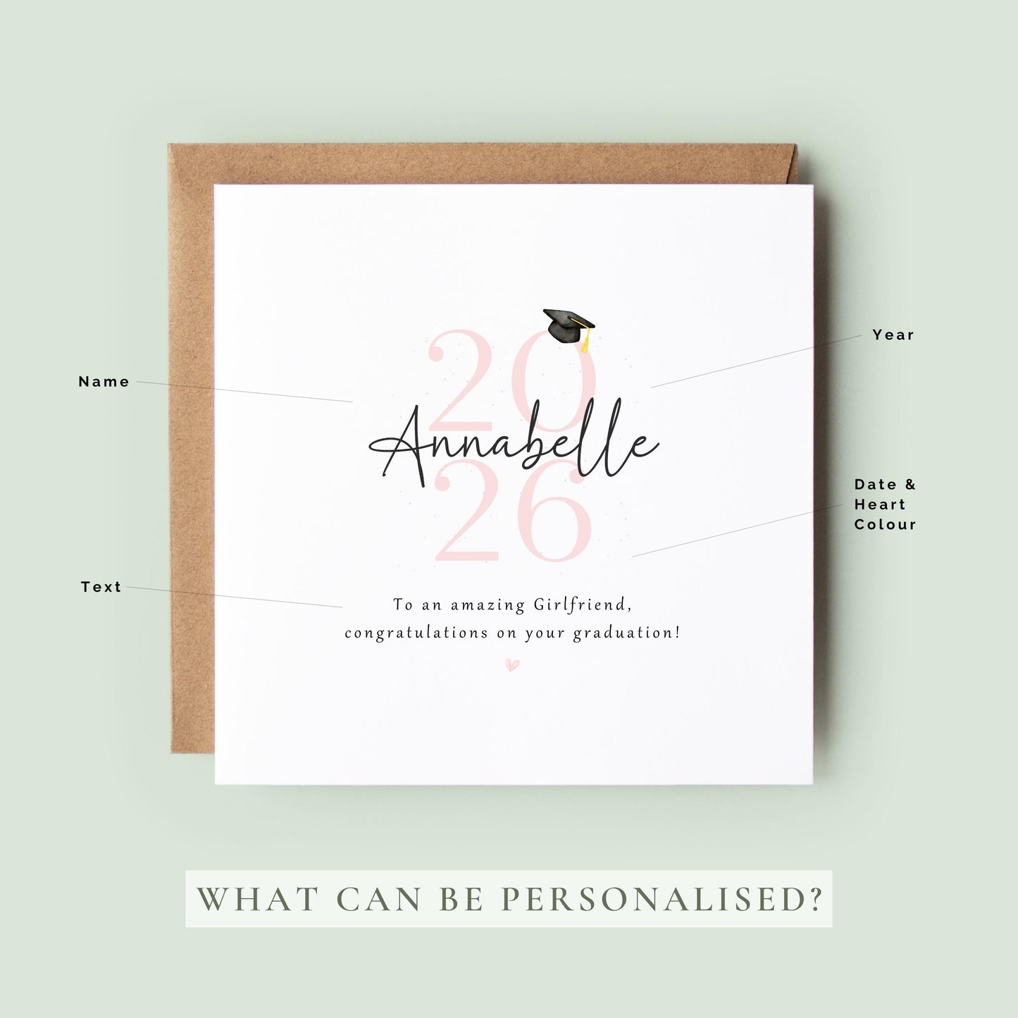 Personalised graduation card for girlfriend featuring custom name, graduation year and congratulations message with graduation cap design and recycled Kraft envelope.