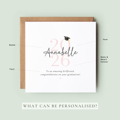 Personalised graduation card for girlfriend featuring custom name, graduation year and congratulations message with graduation cap design and recycled Kraft envelope.