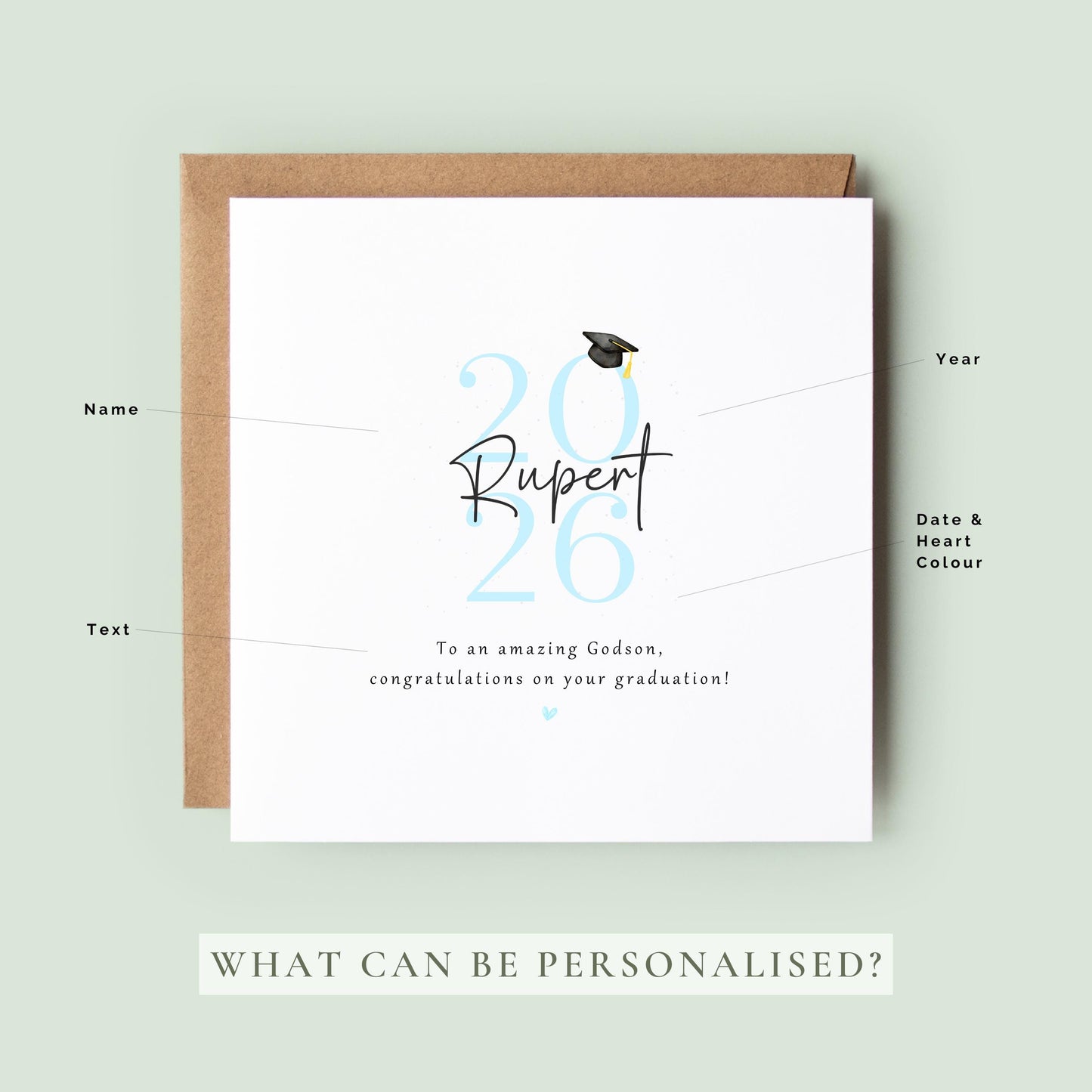 Personalised godson graduation card featuring custom name, graduation year and congratulations message with graduation cap illustration and Kraft envelope.
