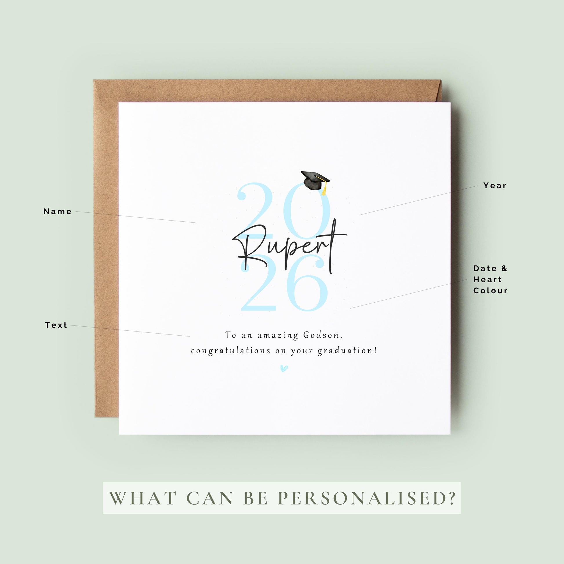 Personalised godson graduation card featuring custom name, graduation year and congratulations message with graduation cap illustration and Kraft envelope.