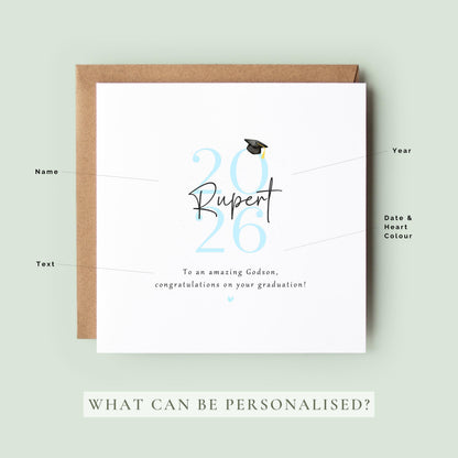Personalised godson graduation card featuring custom name, graduation year and congratulations message with graduation cap illustration and Kraft envelope.