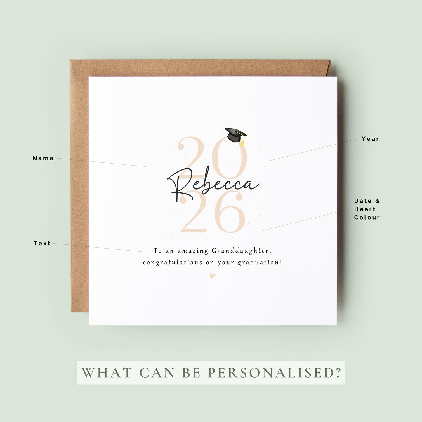 Personalised granddaughter graduation card featuring custom name, graduation year and congratulations message with graduation cap illustration and Kraft envelope.