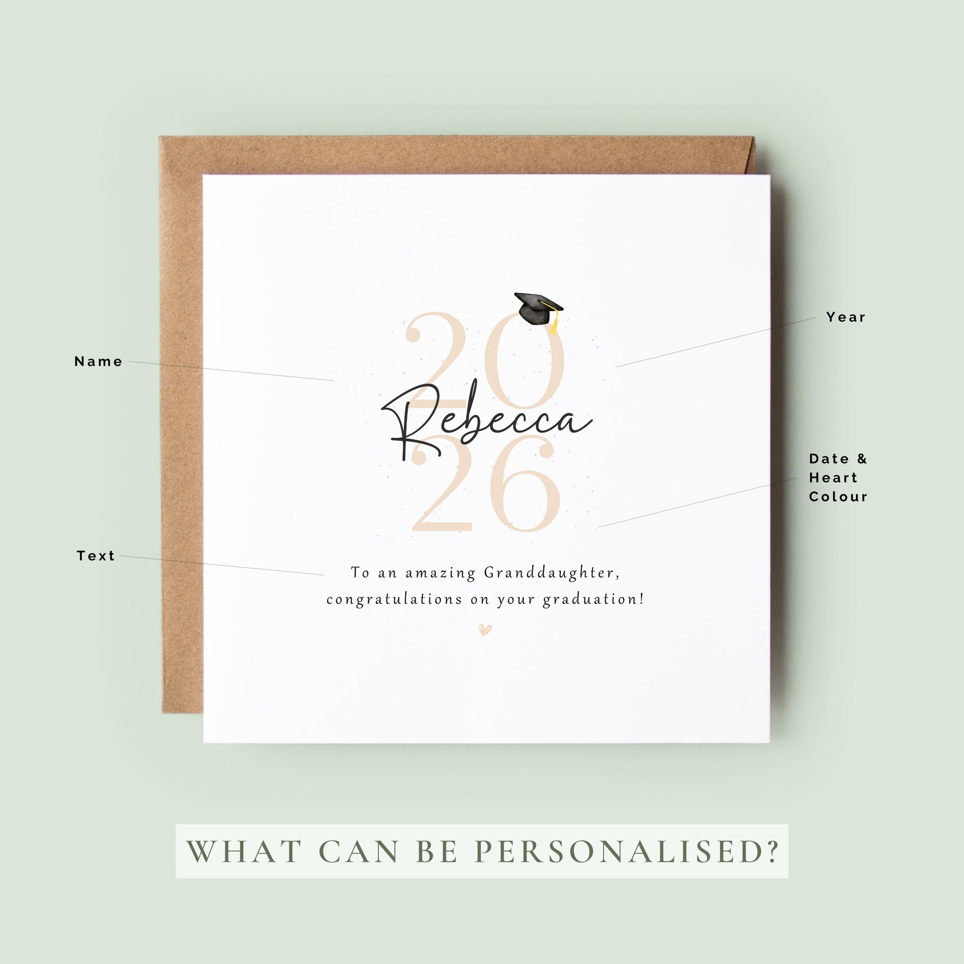 Personalised granddaughter graduation card featuring custom name, graduation year and congratulations message with graduation cap illustration and Kraft envelope.
