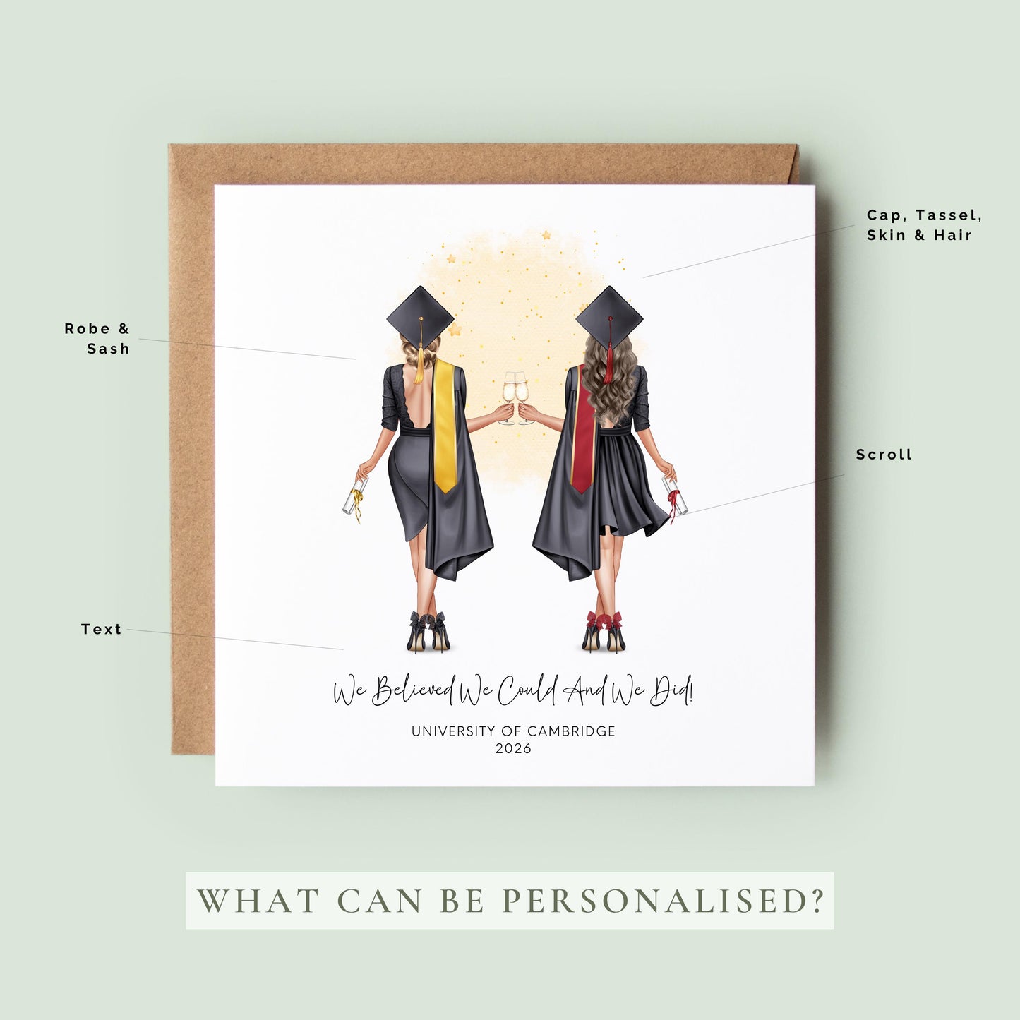 Personalised graduation card featuring two female graduates celebrating together with custom hair, robes, university details and graduation year, designed for best friends graduating together.