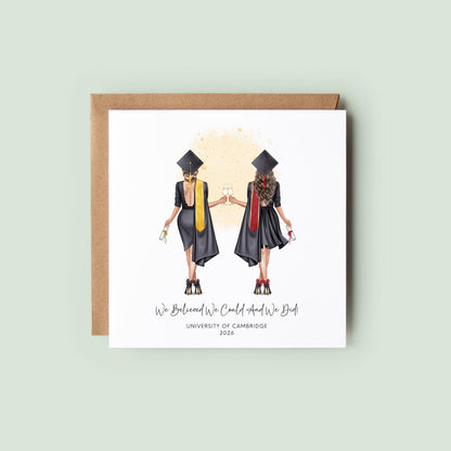 Personalised graduation card featuring two female graduates celebrating together with custom hair, robes, university details and graduation year, designed for best friends graduating together.