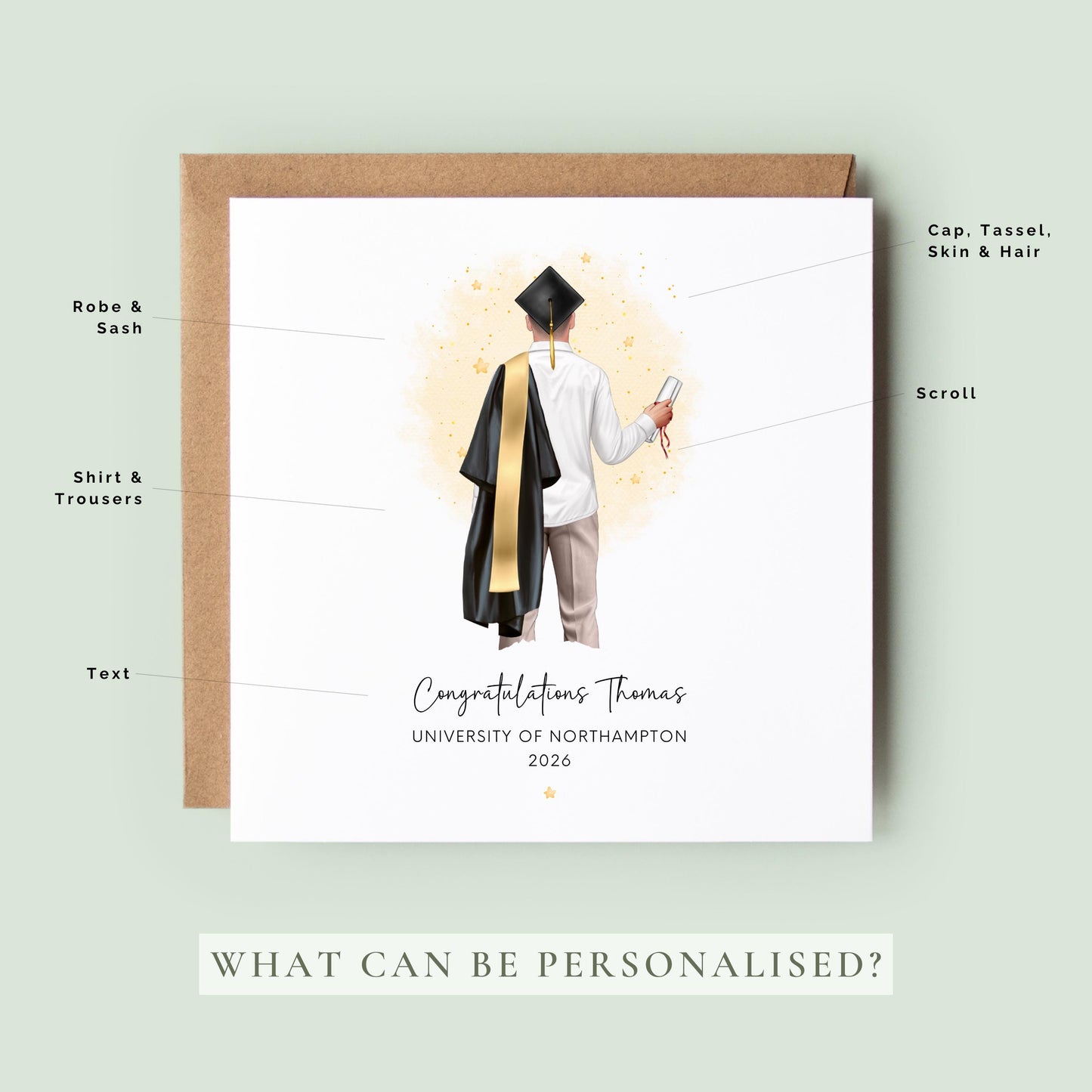 Personalised graduation card featuring a custom male graduate illustration with personalised hair, clothing, robe and sash colours, holding a diploma with university details and graduation year.