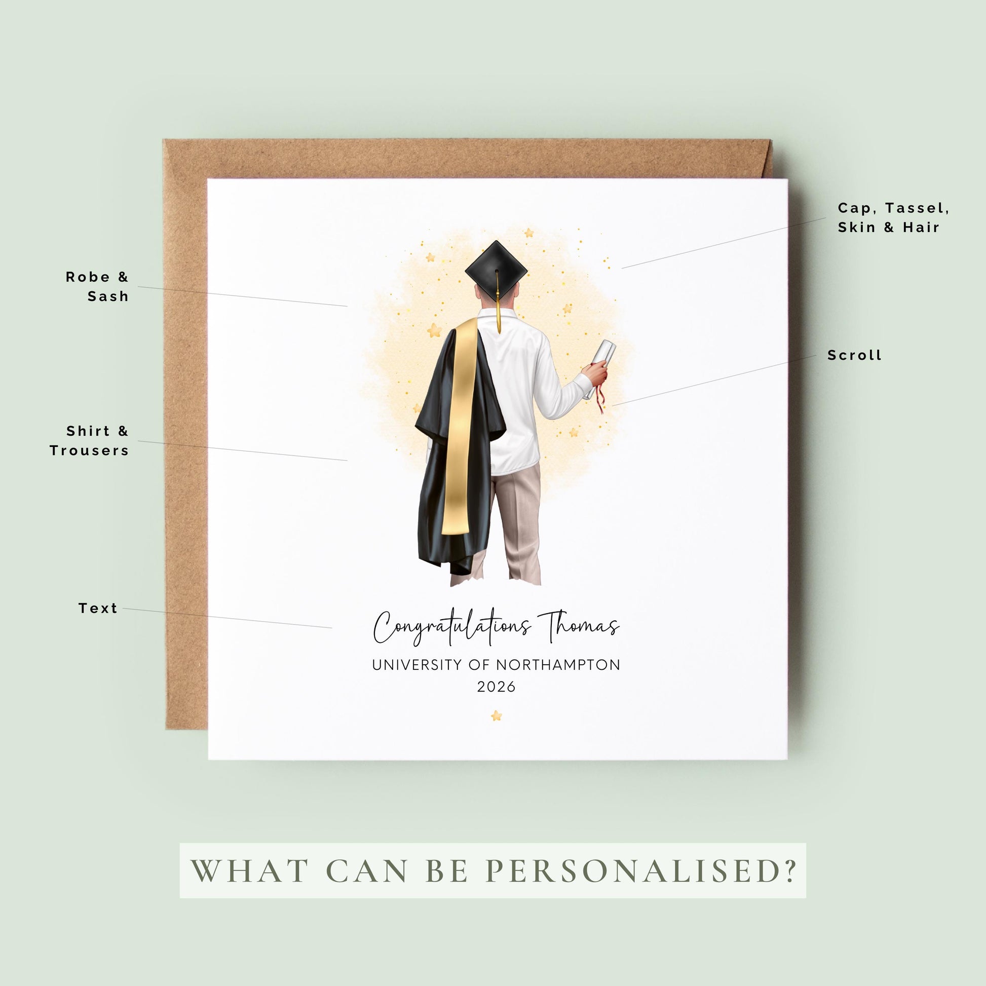 Personalised graduation card featuring a custom male graduate illustration with personalised hair, clothing, robe and sash colours, holding a diploma with university details and graduation year.