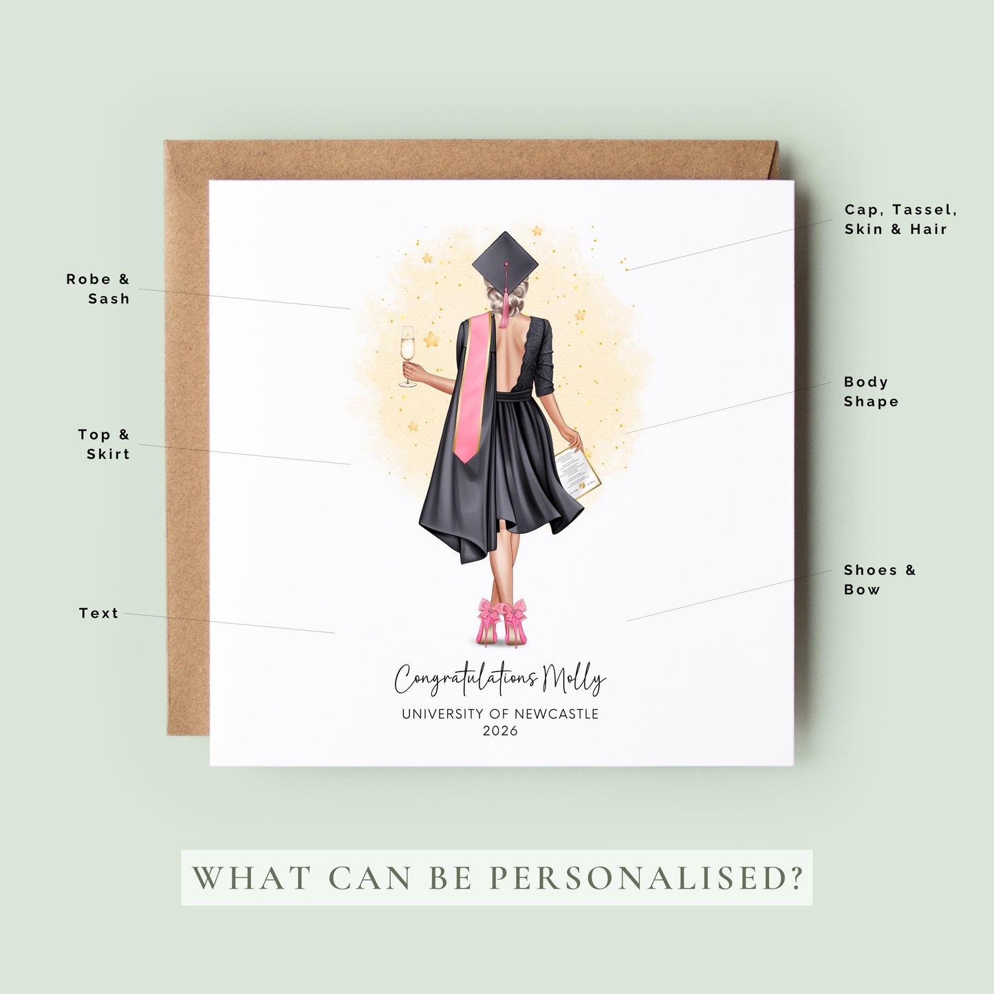 Personalised graduation card featuring a custom female graduate illustration with personalised outfit, hair, university name and graduation year.