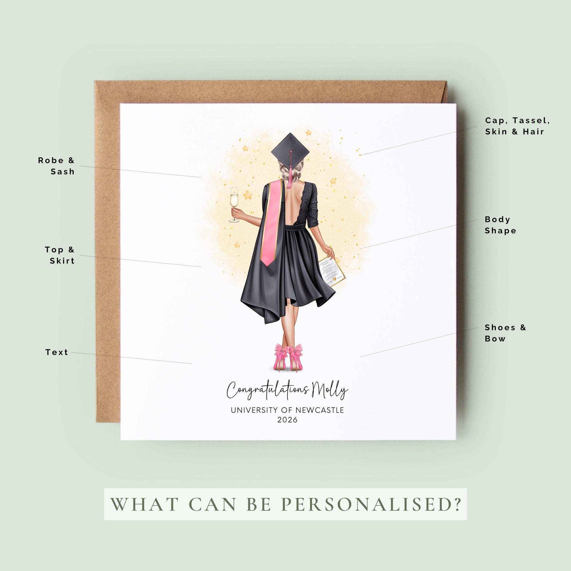 Personalised graduation card featuring a custom female graduate illustration with personalised outfit, hair, university name and graduation year.