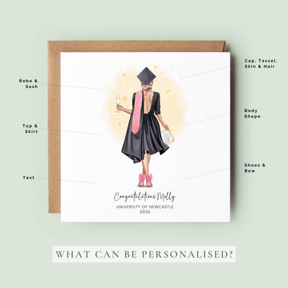 Personalised graduation card featuring a custom female graduate illustration with personalised outfit, hair, university name and graduation year.