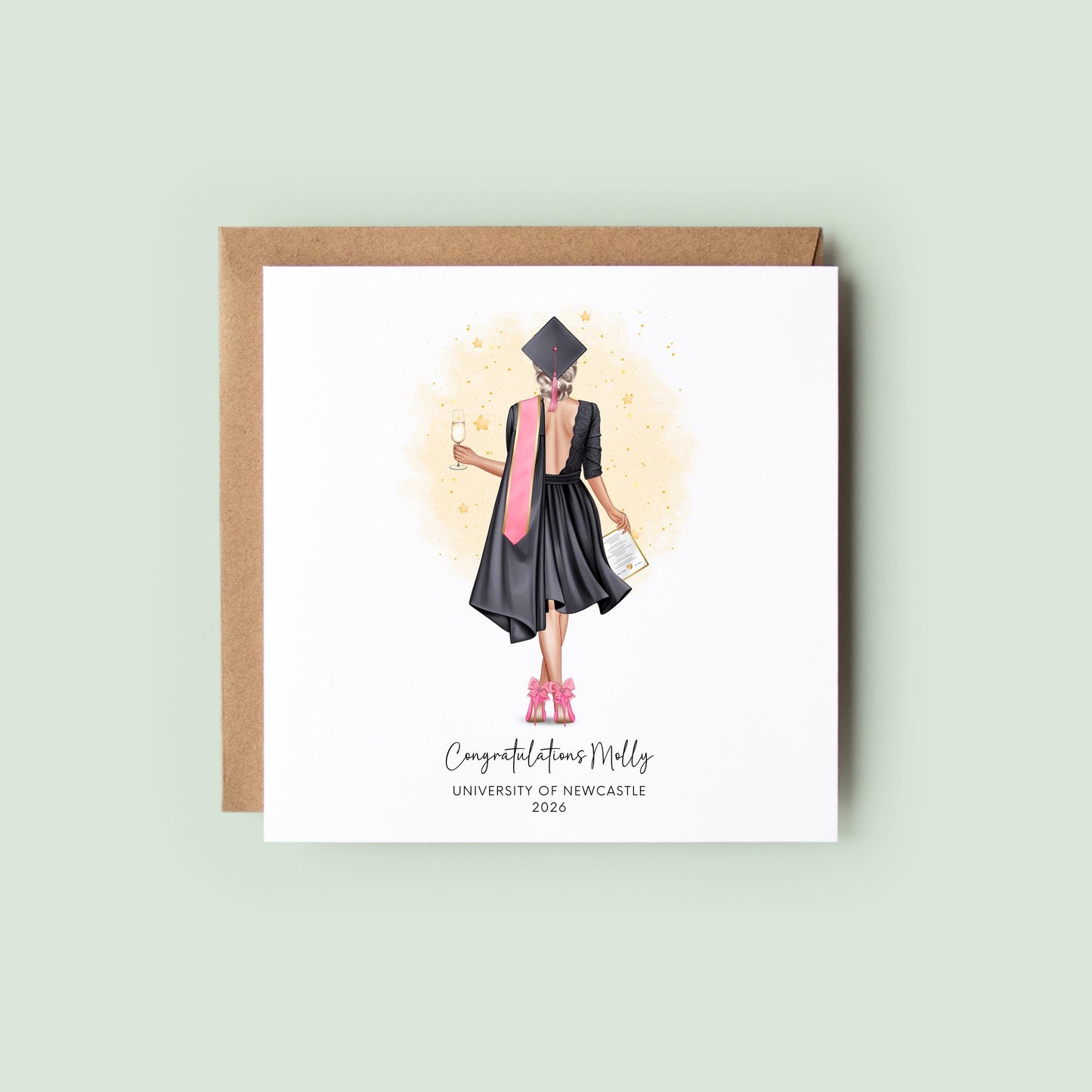 Personalised graduation card featuring a custom female graduate illustration with personalised outfit, hair, university name and graduation year.