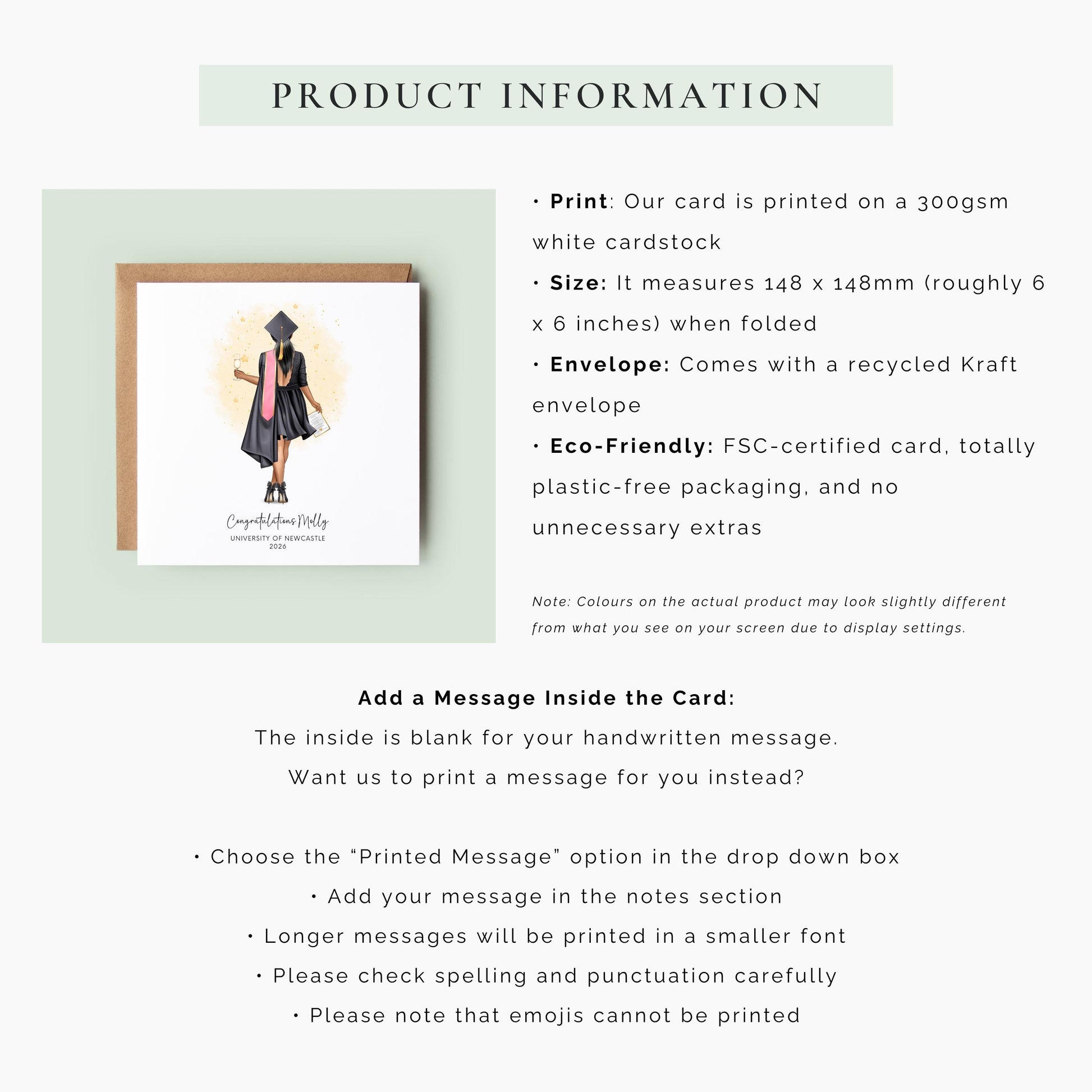 Personalised female graduation card with gown, cap, and diploma