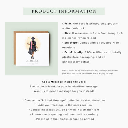 Personalised female graduation card with gown, cap, and diploma