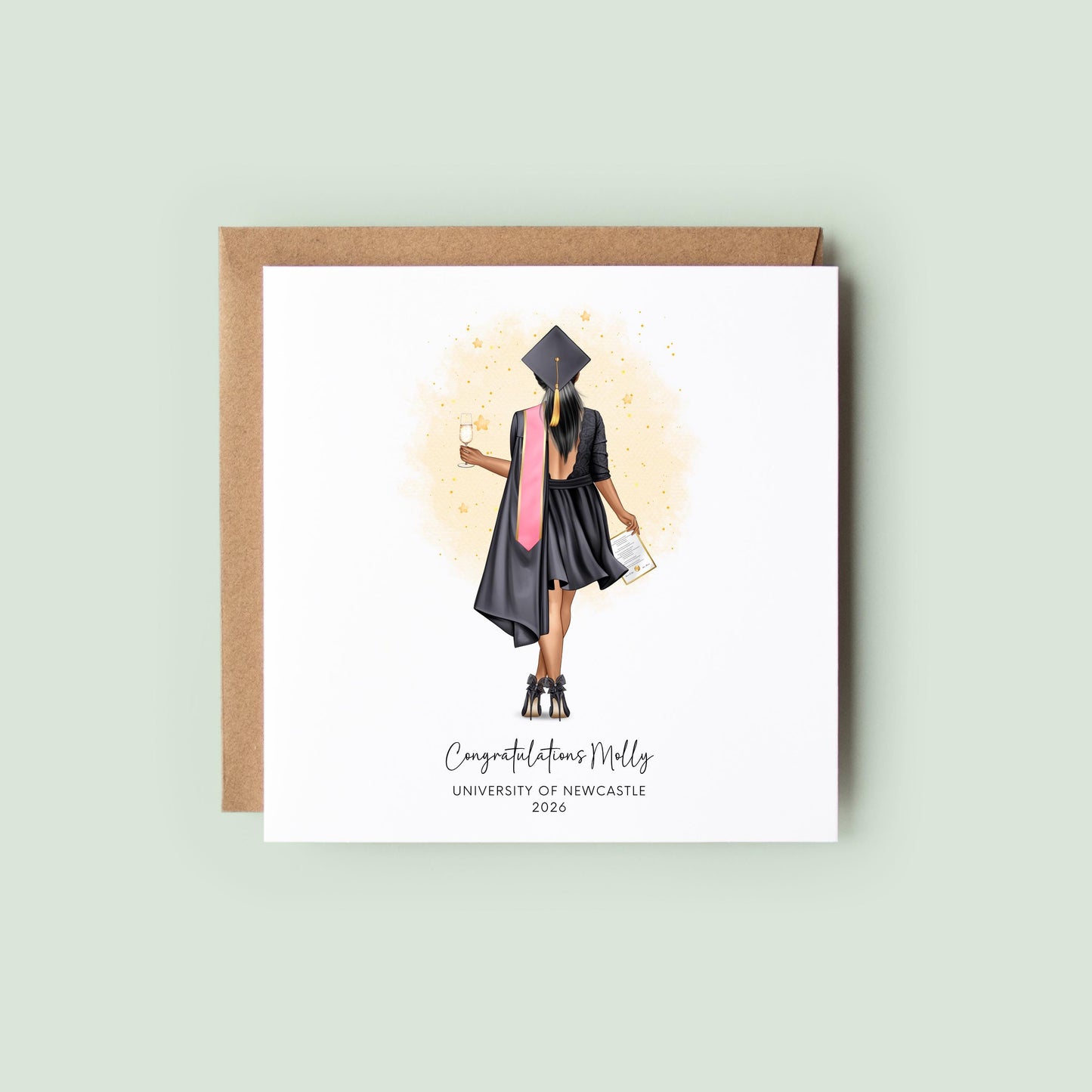Personalised female graduation card with gown, cap, and diploma
