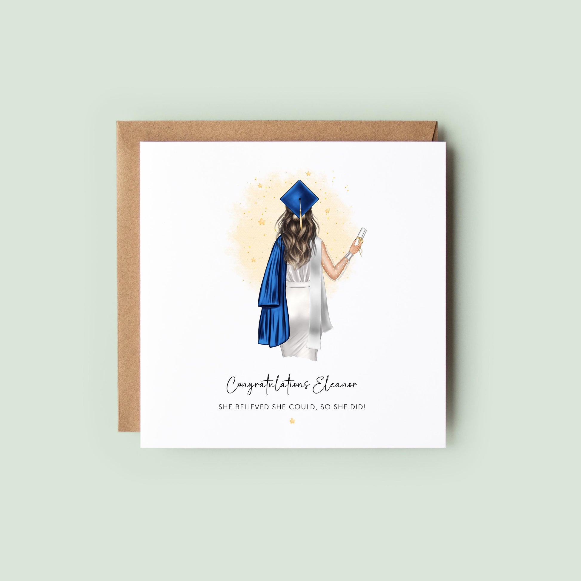 Personalised graduation card featuring a female graduate wearing a blue cap and gown, customised with name and the message “She Believed She Could, So She Did”.