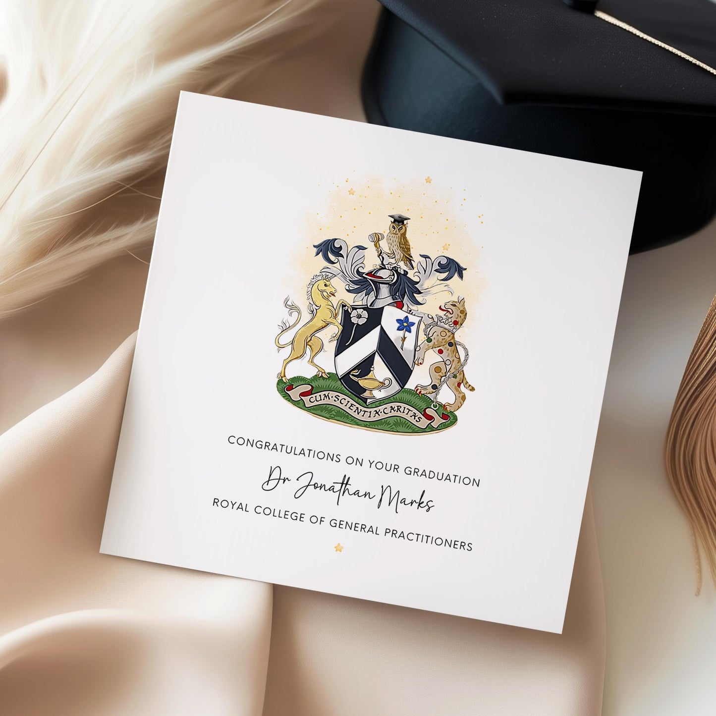Personalised Royal College of General Practitioners graduation card featuring the RCGP crest with custom graduate name and congratulations message.