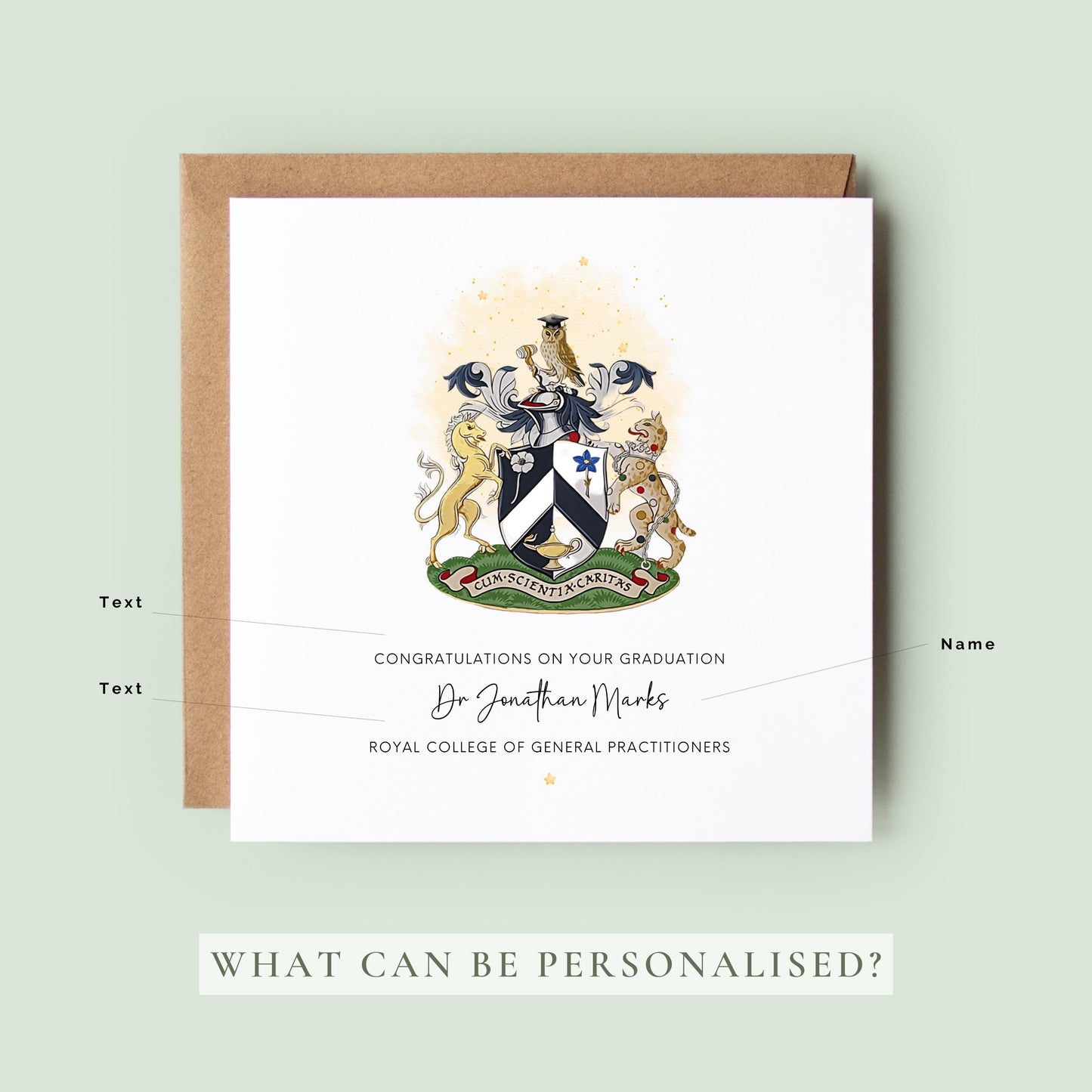 Personalised Royal College of General Practitioners graduation card featuring the RCGP crest with custom graduate name and congratulations message.