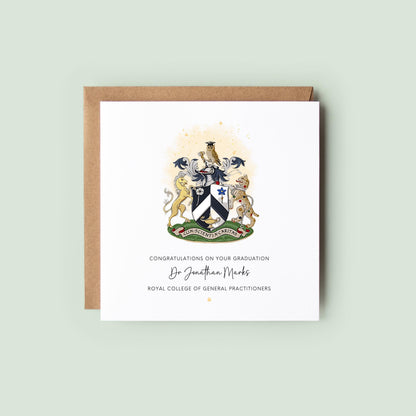 Personalised Royal College of General Practitioners graduation card featuring the RCGP crest with custom graduate name and congratulations message.