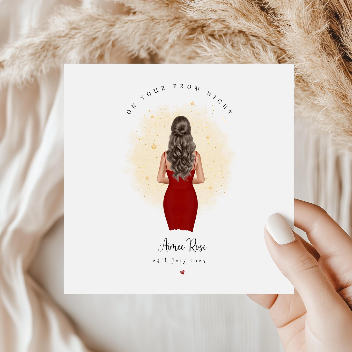 Personalised prom keepsake card featuring a girl in a red prom dress with custom name and prom date.