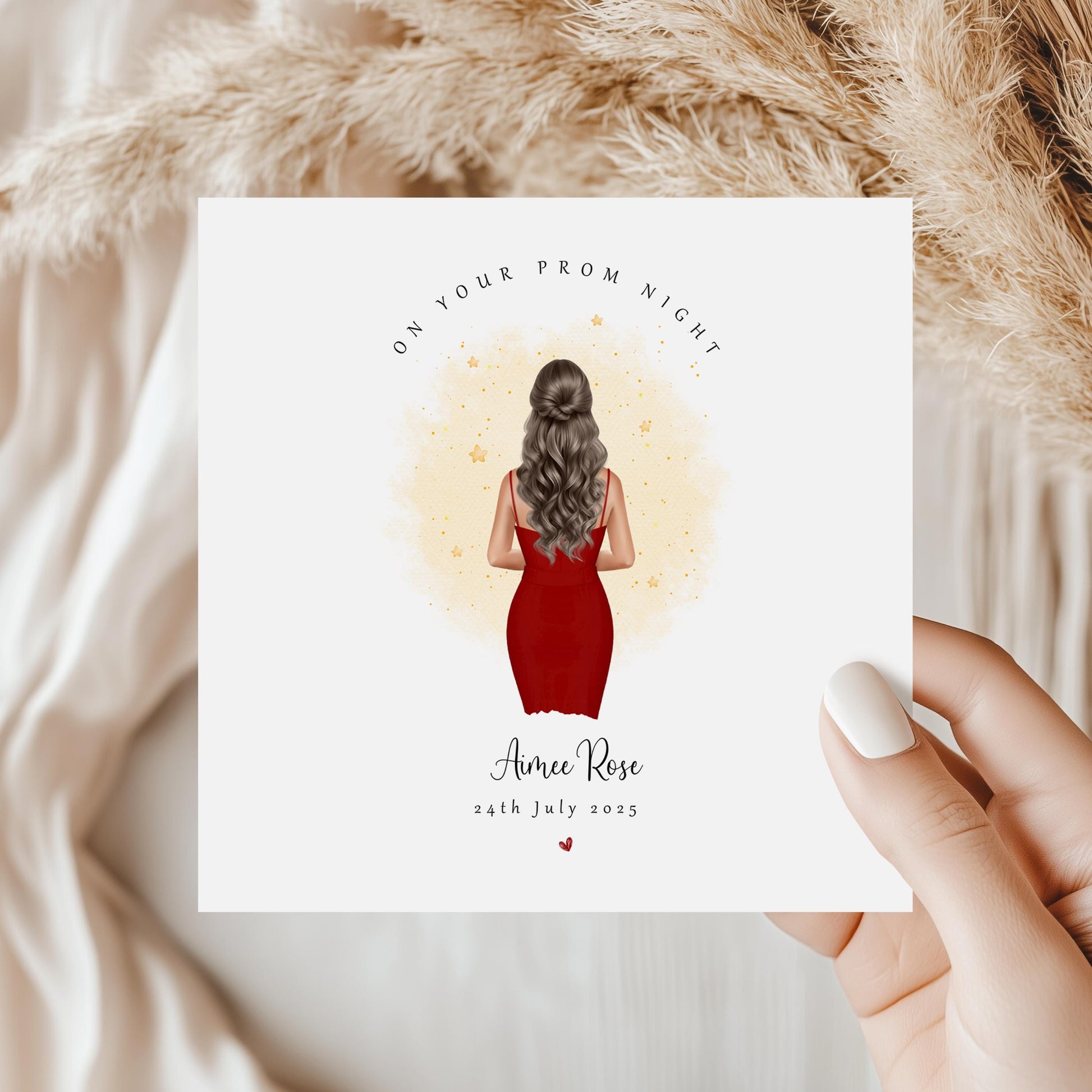 Personalised prom keepsake card featuring a girl in a red prom dress with custom name and prom date.