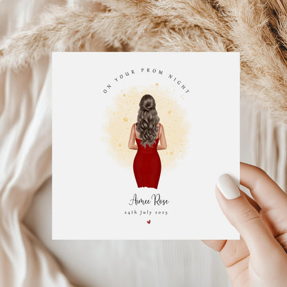 Personalised prom keepsake card featuring a girl in a red prom dress with custom name and prom date.