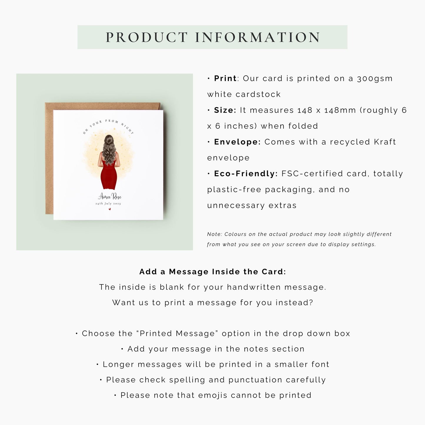 Personalised prom keepsake card featuring a girl in a red prom dress with custom name and prom date.