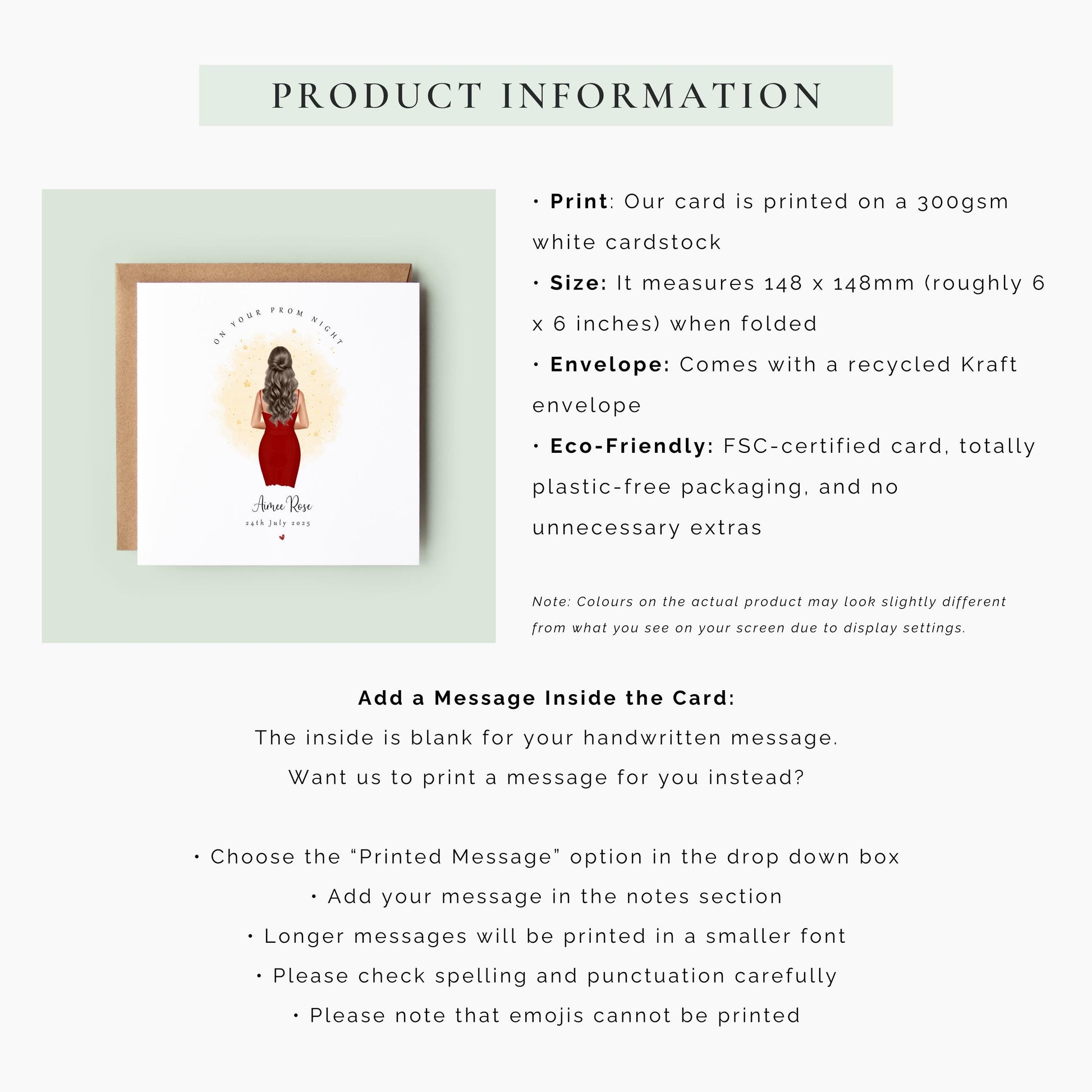 Personalised prom keepsake card featuring a girl in a red prom dress with custom name and prom date.