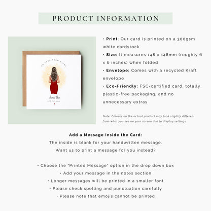 Personalised prom keepsake card featuring a girl in a red prom dress with custom name and prom date.