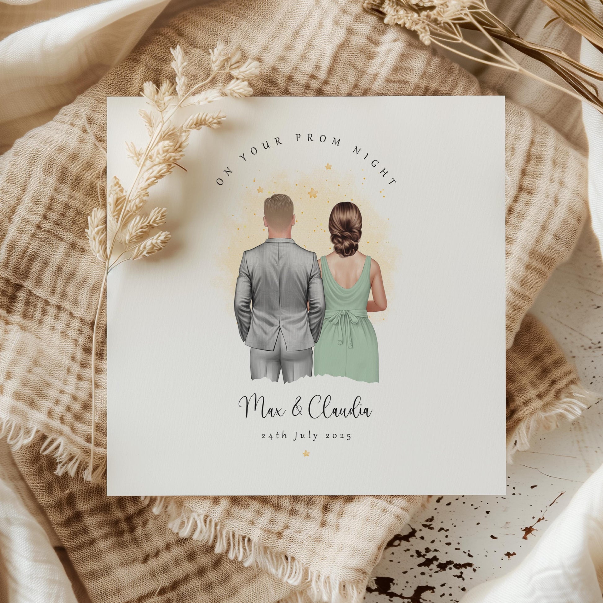 Personalised prom card featuring a couple illustration with custom names and prom date.