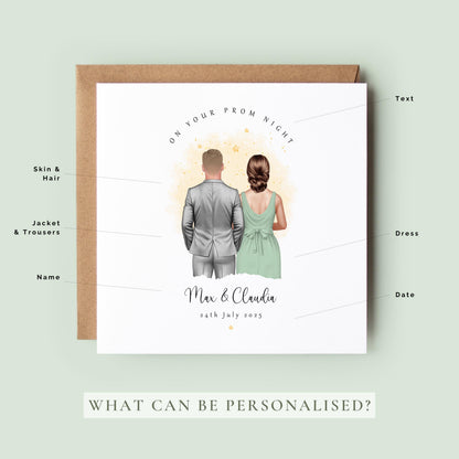 Personalised prom card featuring a couple illustration with custom names and prom date.