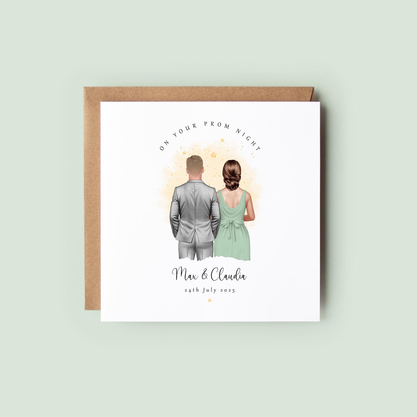 Personalised prom card featuring a couple illustration with custom names and prom date.