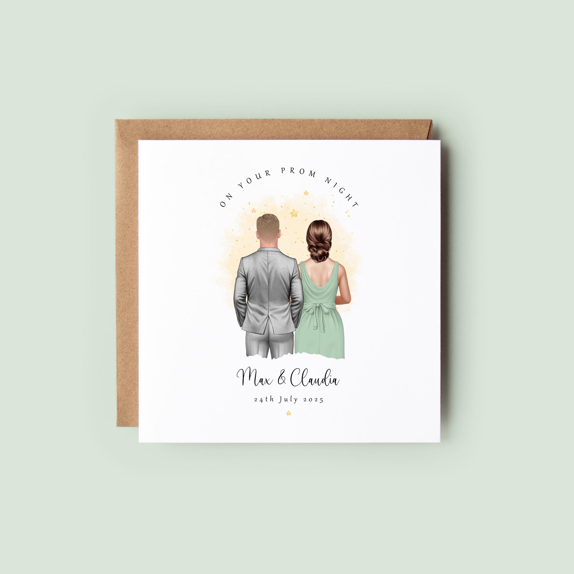 Personalised prom card featuring a couple illustration with custom names and prom date.