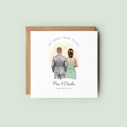 Personalised prom card featuring a couple illustration with custom names and prom date.