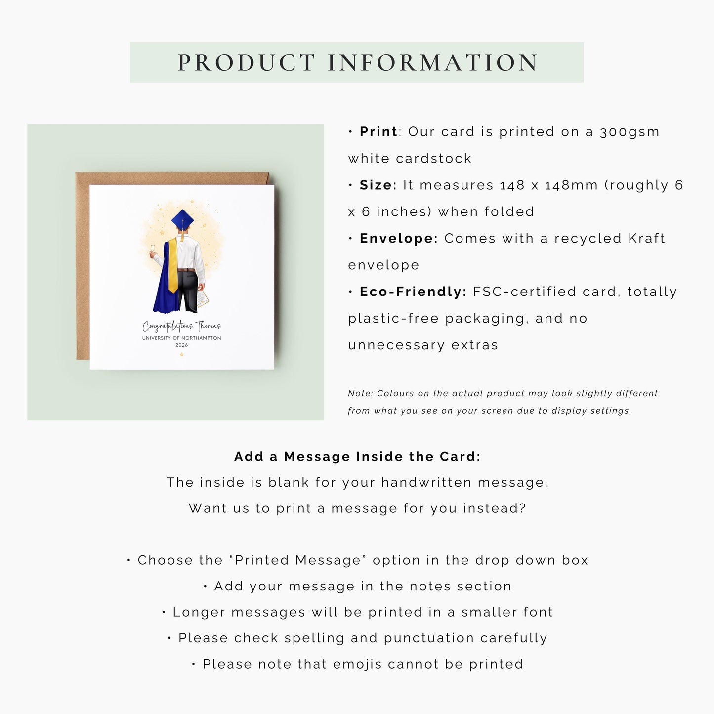Personalised graduation card for him featuring a male graduate in blue and gold academic robes with custom name, university and graduation year.