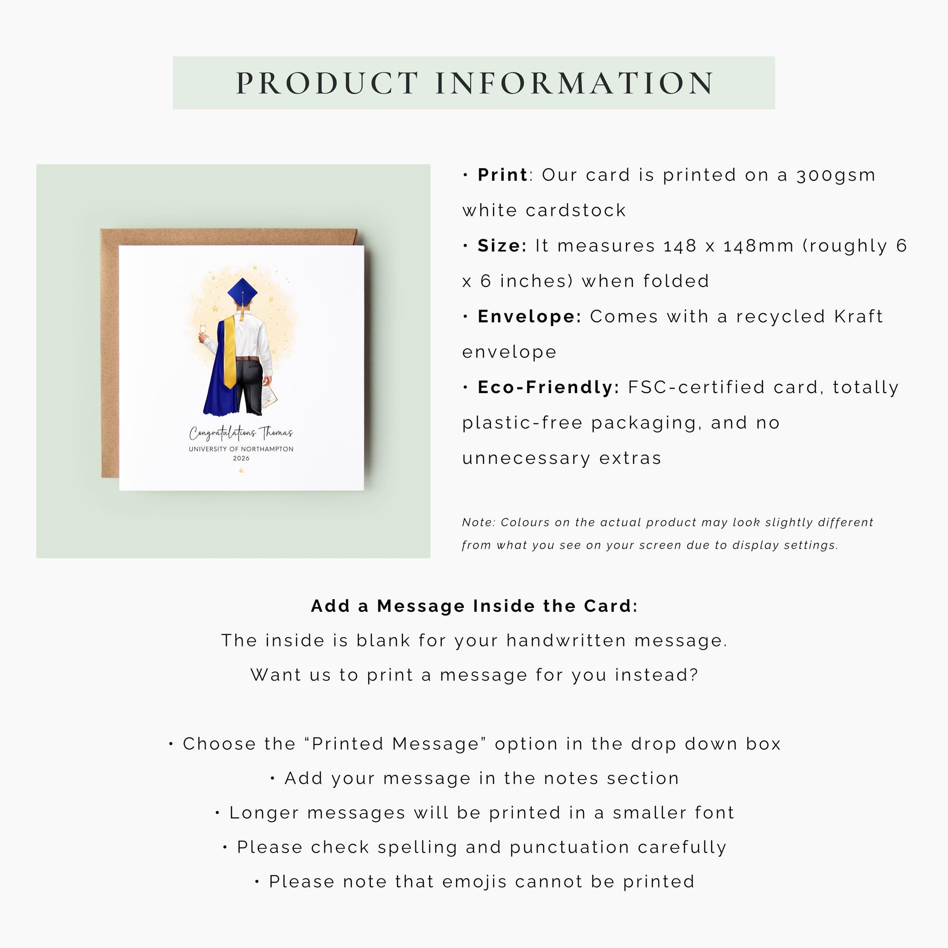 Personalised graduation card for him featuring a male graduate in blue and gold academic robes with custom name, university and graduation year.