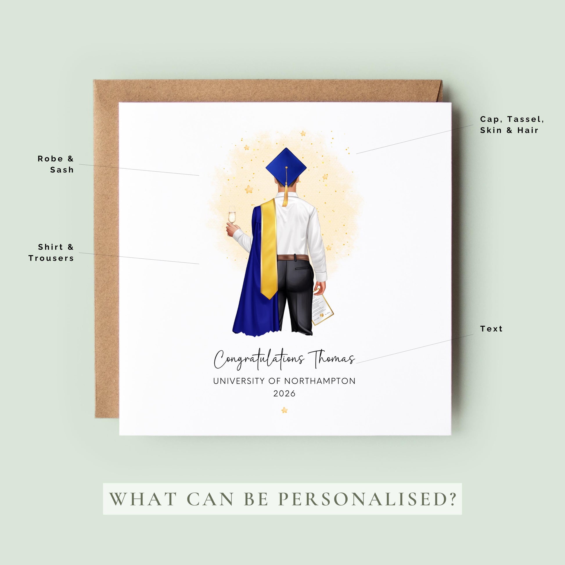 Personalised graduation card for him featuring a male graduate in blue and gold academic robes with custom name, university and graduation year.
