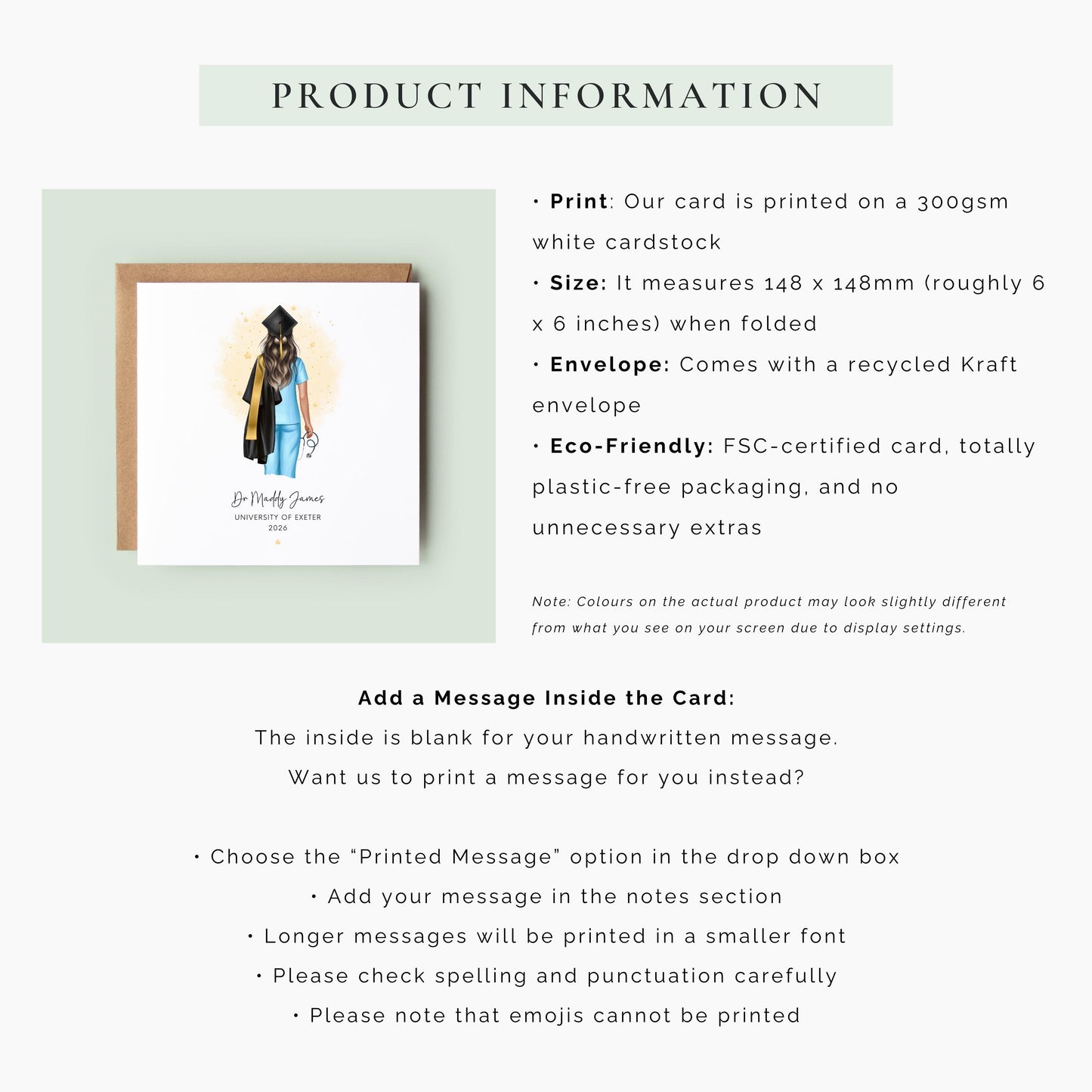 Personalised nurse graduation card featuring a female nursing graduate wearing blue scrubs, academic cap and gown and holding a stethoscope, with custom name, university and year.