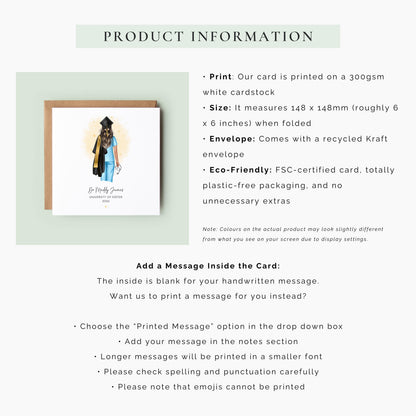 Personalised nurse graduation card featuring a female nursing graduate wearing blue scrubs, academic cap and gown and holding a stethoscope, with custom name, university and year.