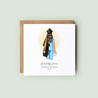 Personalised nurse graduation card featuring a female nursing graduate wearing blue scrubs, academic cap and gown and holding a stethoscope, with custom name, university and year.