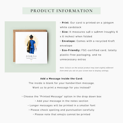Personalised nurse graduation card featuring a female graduate in blue nursing scrubs with a stethoscope, graduation cap, academic robe and sash, personalised with her name, university and year.