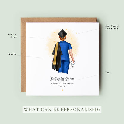 Personalised nurse graduation card featuring a female graduate in blue nursing scrubs with a stethoscope, graduation cap, academic robe and sash, personalised with her name, university and year.