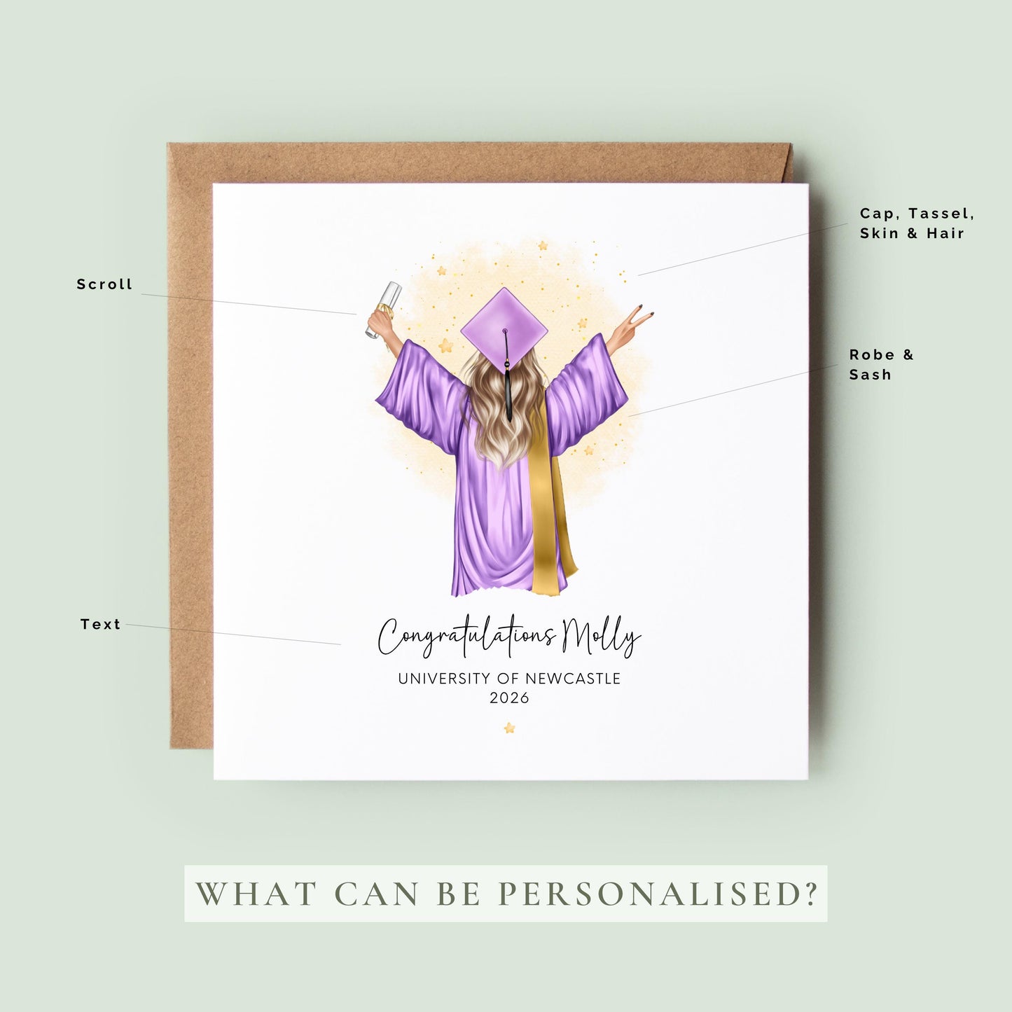 Personalised graduation card for her featuring a custom illustration of a female graduate from behind, wearing a black cap and gown, holding a diploma. Text reads "She believed she could so she did". Unique handmade university graduation keepsake gift.